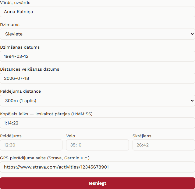 Rezultāta iesniegšanas forma ar vārdu, dzimumu, datumiem, distanci, laikiem un GPS saiti