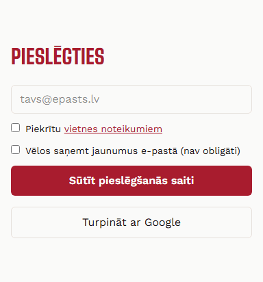 Pieslēgšanās forma ar e-pasta lauku un Google pieslēgšanās pogu